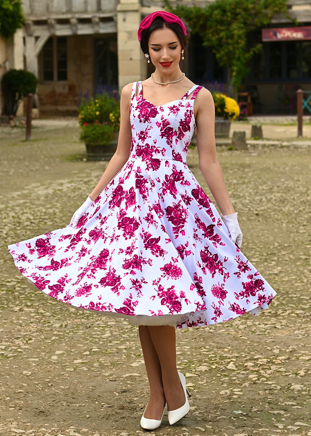 pink floral swing dress Hearts & Roses Rosaceae Floral 50's Swing Dress White Pink