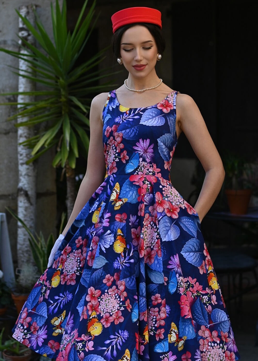 blue dress with red roses Hearts and Roses Festive Vintage Dress "Elowen Floral Swing Dress" in Blue Vintage Vogue