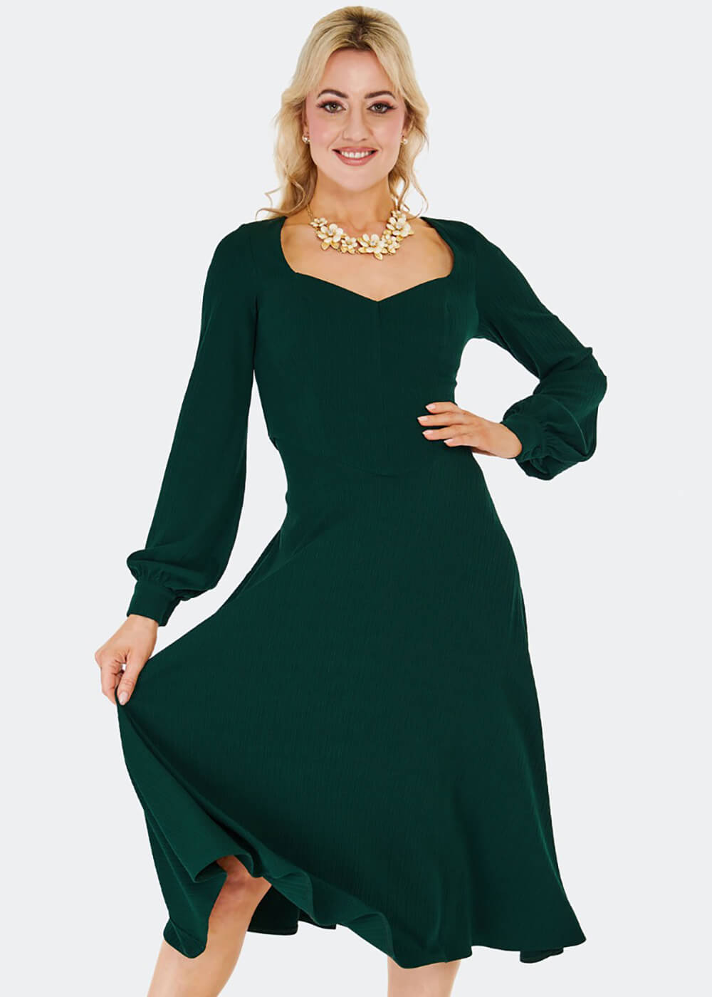 Voodoo Vixen Textured Knit 60's Flare Dress Dark Green Voodoo Vixen Textured Knit 60's Flare Dress Dark Green