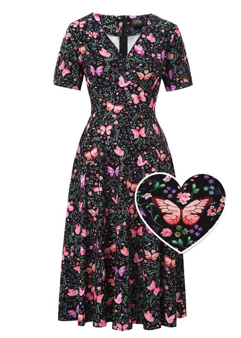 black dress with pink butterflies EastFlair Women's Elegant Black Pink Butterflies Maxi Dress,Seductive Summer Party Night Wedding Guest Dress,Fall Christmas Clothing,Flower Vacation Clothes