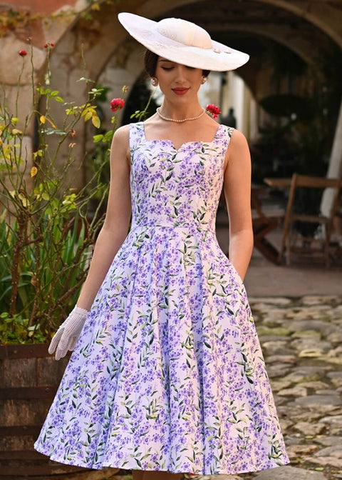 white dress from purple hearts Hearts & Roses Lilac Meadow 50's Swing Dress White