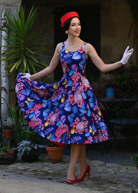 red dress blue flowers Mae Love Circle Mini Dress in Floating Floral | Color - Floating Floral / 14
