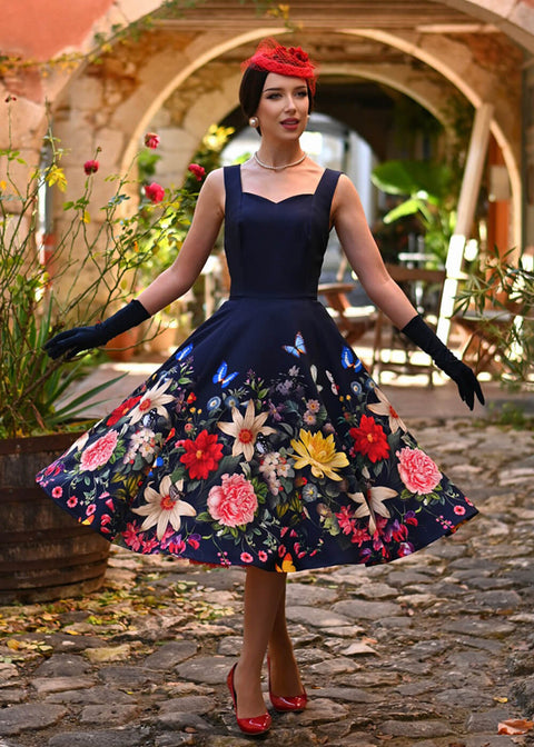 Long Sleeve Dark Blue Flower Dress Hearts Roses Lady Poppy Swing Dress In Black And Red Long Sleeve Dark Blue Flower Dress Hearts Roses Lady Poppy Swing Dress In Black And Red